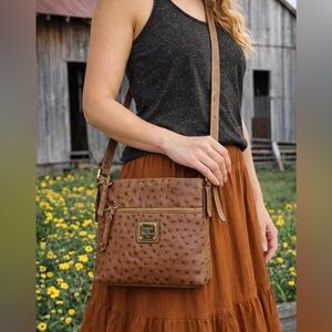 Dooney & Bourke Ostrich Embossed Leather Crossbody Letter Carrier Cognac Brown🤎